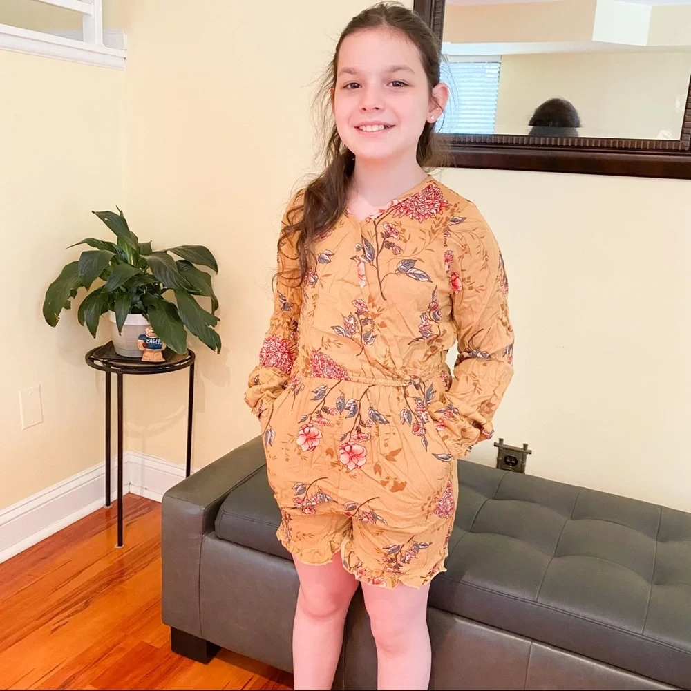 NWT Girls floral romper yellow mustard Sz 14
